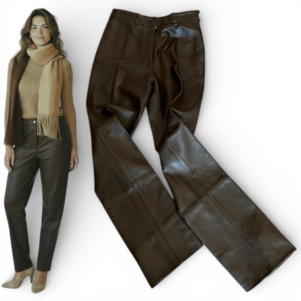 VINTAGE LEATHER JEANS 80s ARTAL brown straight leg sz 38 France luxury comfort